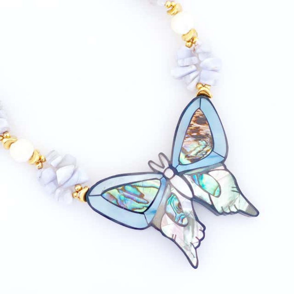 Vintage Lee Sands Mother of pearl & Ablone Butterfly Necklace